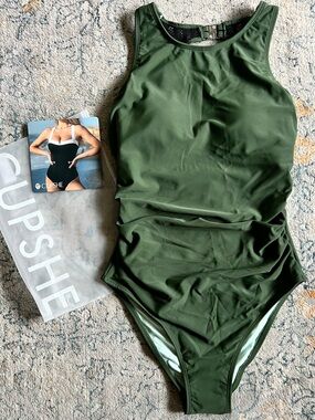 Women’s Olive Green One-Piece Swimsuit with Mesh Back